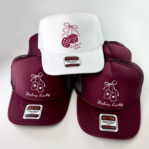 Lucky In Love Bachelorette Party Custom Trucker Hats, Favors Bachelorette Merch, Custom Destination Girls Trip Bach Party Las Vegas