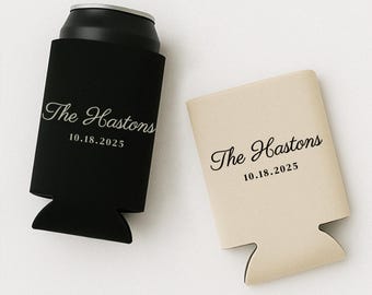 Custom Wedding Can Coolers, Modern Chic Design Theme, Luxury Merch, Custom Engagement Party Can Cooler, Party Favors, Last Name And Date
