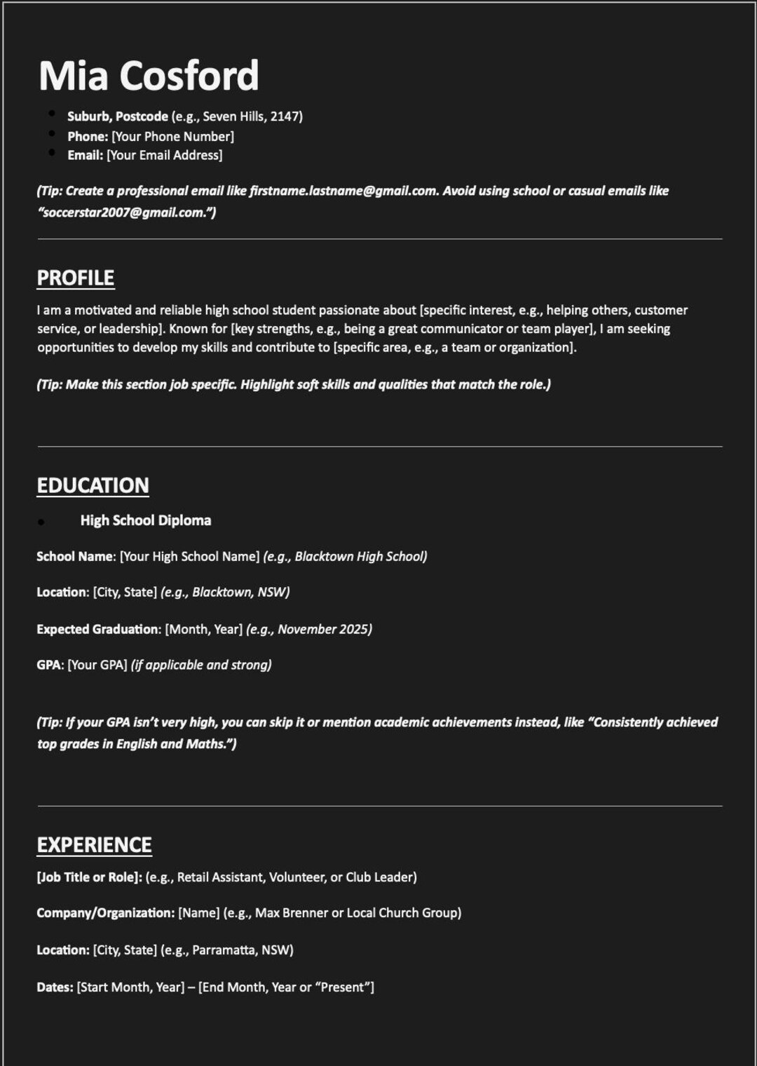 Beginner Student Resume Template Plan With Tips - Etsy