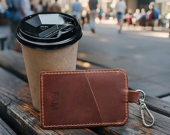 Personalized Leather ID Holder with Key Carabiner – Custom Badge Wallet for Work, Travel or Gift – Minimalist ID Card Case