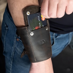 Personalized Leather Wrist Wallet – Travel Bracelet Wallet for Festivals, Hiking, Running, Burning Man, Hands-Free Cuff Wallet