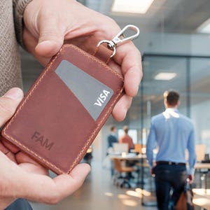 Personalized Leather ID Holder with Key Clip: Custom Name Tag, Minimalist Keychain Wallet
