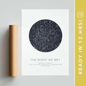 Carte des étoiles de la nuit de notre rencontre | Impression personnalisée de carte des étoiles | Cadeau personnalisé pour couple | Cadeau Saint-Valentin | Cadeau personnalisé pour la Saint-Valentin