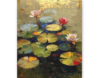 Galleriomslag på canvas, Förgyllda liljor IV, Impasto-tryck med bladguld, Modern Monet-konst, Orientalisk stil