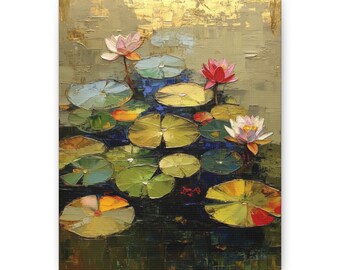 Galleriomslag på canvas, Förgyllda liljor IV, Impasto-tryck med bladguld, Modern Monet-konst, Orientalisk stil