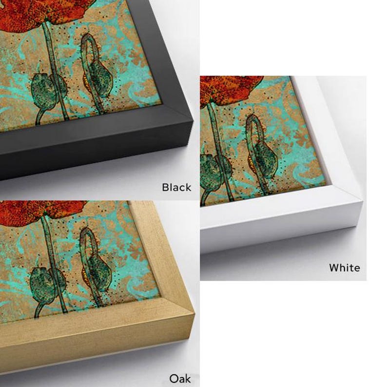 a framed artwork featuring a vibrant floral design with red and green elements. The artwork is presented in three different frame colors: black, white, and oak.