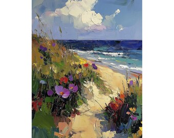 Kustmålning på canvas: Blommig strandlandskapsmålning 'Sommarvälkommen'