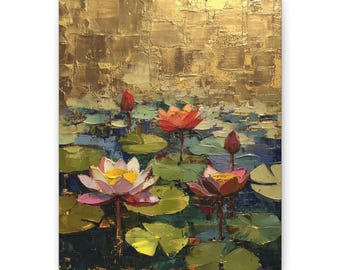Galleriomslag på canvas, Förgyllda liljor III, Impasto-tryck med bladguld, Modern Monet-konst, Orientalisk stil