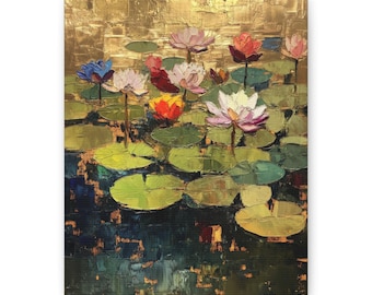 Konsttryck, Förgyllda liljor II, Bladguld Impasto, Modern Monet, Orientaliskt tema, Papper och duk