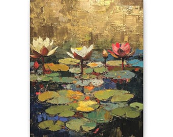Galleriomslag på canvas, Förgyllda liljor I, Impasto-tryck med bladguld, Modern vardagsrumskonst, Orientalisk