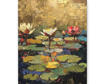 Galleriomslag på canvas, Förgyllda liljor I, Impasto-tryck med bladguld, Modern vardagsrumskonst, Orientalisk