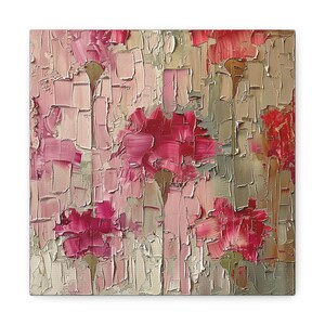 Può includere: Arte su tela quadrata con un design floreale astratto. L'opera d'arte utilizza spessi tratti di pennello in tonalità di rosa e rosso, con un aspetto strutturato. Lo sfondo ha un colore beige chiaro neutro.
