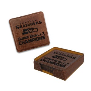 Seahawks Super Bowl LX 2026 Coasters, Seahawks vs Patriots, Football Texture, Laser Engraved, Faux Leather Coasters, FREE Shipping US