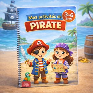 Peut inclure: Un livre d'activités à spirales intitulé "Mes activités de PIRATE" avec des illustrations de personnages de pirates. La couverture présente un garçon et une fille déguisés en pirates, un bateau pirate et le texte "3-6 ans". Un perroquet est également visible.
