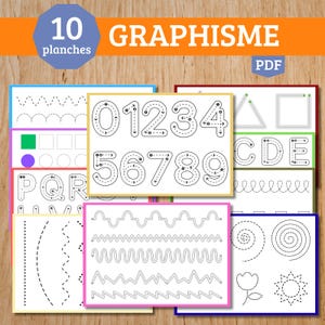 Op de afbeelding: Een verzameling van tien afdrukbare grafische werkbladen voor vroeg leren. De werkbladen bevatten traceeroefeningen voor cijfers, letters, vormen en lijnpatronen. De titel "GRAPHISME" staat bovenaan, met "PDF" in de hoek.
