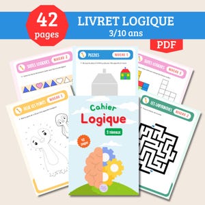 May include: A collection of children's activity books with the title "Cahier Logique" and "Livret Logique". The books feature puzzles, mazes, and logic games for kids aged 3-10. The cover shows a brain and gears.