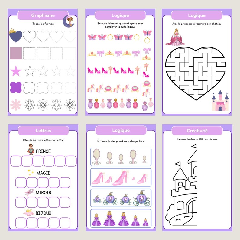 Princess Activity Book for Ages 3-6 - 20 Reusable Laminated Pages - Erasable Educational Notebook - Screen-Free Games - Ideal for Travel image 3