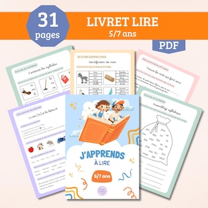May include: A collection of educational worksheets for children aged 5-7, featuring colorful illustrations and text in French. The cover of the workbook reads "J'apprends à lire" (I learn to read) and includes the text "31 pages".