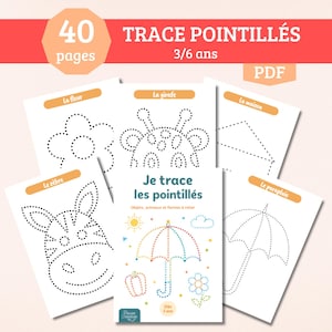 May include: A set of white activity sheets for children, with dotted outlines of a flower, giraffe, house, zebra, and umbrella. The cover reads "Je trace les pointillés" and "Objects, animals and shapes to connect."