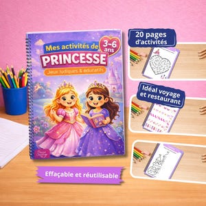 Princess Activity Book for Ages 3-6 - 20 Reusable Laminated Pages - Erasable Educational Notebook - Screen-Free Games - Ideal for Travel image 5