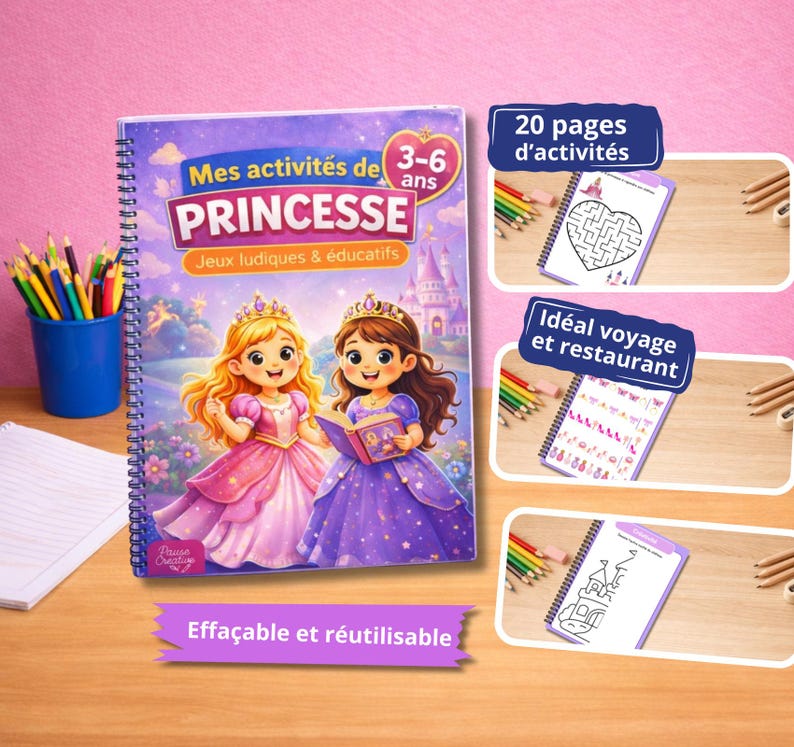 Princess Activity Book for Ages 3-6 - 20 Reusable Laminated Pages - Erasable Educational Notebook - Screen-Free Games - Ideal for Travel image 5