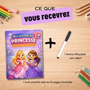 Princess Activity Book for Ages 3-6 - 20 Reusable Laminated Pages - Erasable Educational Notebook - Screen-Free Games - Ideal for Travel image 6