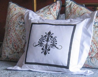 Black White Pillow Cover 16 X 16 Square White Cotton Damask Fleur de Lis French Flanged Edge Made in Canada Free Shipping