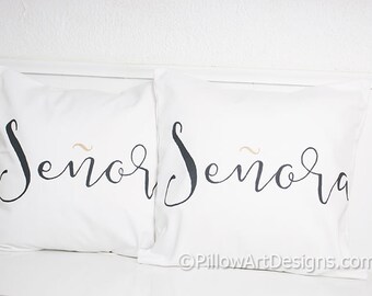Couples Pillows Covers Senor Senora Mr Mrs His Hers Black White Metallic Gold 16 X 16 Made in Canada