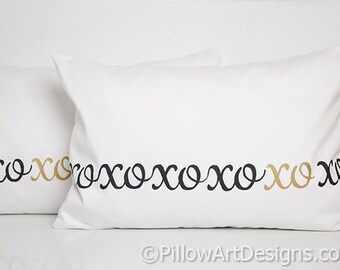 Valentine XO Bedroom Pillow Covers Lumbar Small Set of 2, 12 X 18 White Black Metallic Gold Made in Canada Free Shipping