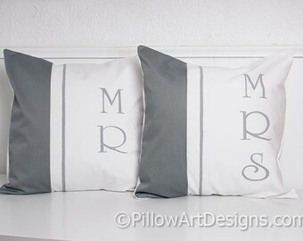 Pillow Covers 16 X 16 Grey and White Cotton Mr Mrs Hand Painted Made in Canada Free Shipping