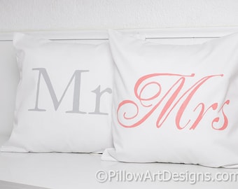 Mr Mrs Pillows Covers Coral Grey White 16 X 16 Handmade in Canada