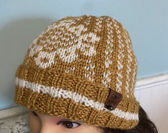 Handknit Hat Luxury Wool Double Brim Fair Isle Pattern Women M-L