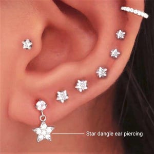 Specially Designed STAR dangle ear Piercing Sold as a set of 2 in gold or silver color for Helix, Lobe, and Cartilage, 316L steel - 2 pieces