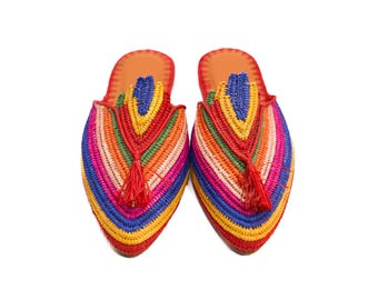 Handmade Raffia Mule, Multicolor Bohemian Shoes, Summer sandales