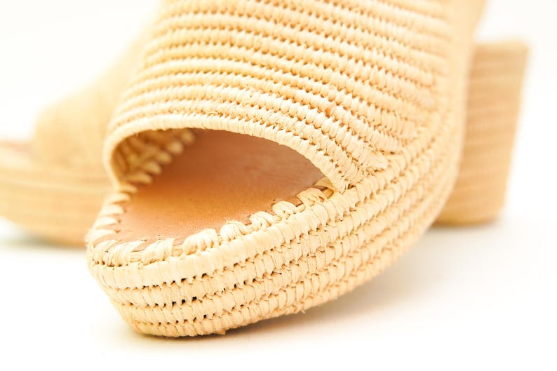 May include: Close-up of a pair of woven raffia sandals. The open-toe design reveals a leather insole. The sandals have a platform sole and a woven texture, showcasing a natural, beige color. The focus is on the intricate weaving.