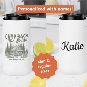 Custom Camp Bachelorette Can Cooler, Camp Bachelorette Decor, Personalized Can Coolers with Individual Names On Back, Camp Bachelorette