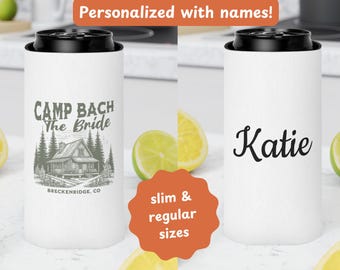 Custom Camp Bachelorette Can Cooler, Personalized Name Favor