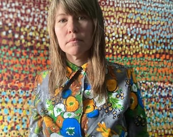 color pop 1970s womens button up