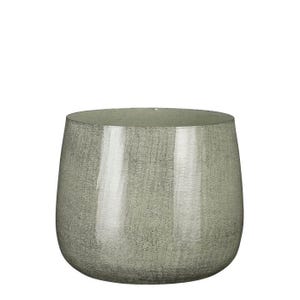 May include: A round, pale green decorative vase with a textured surface. The vase has a wide, rounded base that tapers slightly towards the top. The vase is made of a glossy material and has a smooth, reflective surface.