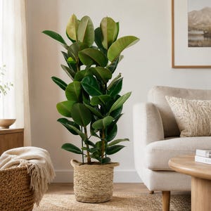 May include: A tall rubber plant with large, glossy, dark green oval leaves growing on multiple stems. The plant is housed in a round, textured, light beige woven basket planter that sits directly on the floor.