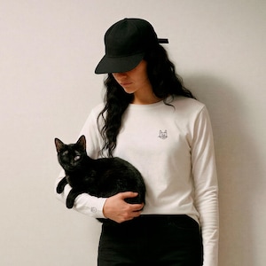 One-Eyed Cat Embroidered Long Sleeve Shirt – White Cotton Tee, Cat Lover Gift for Pet Parents