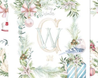 May include: Watercolor clip art collection with a winter theme. Features a decorative border of greenery, a pink bow, ornaments, a bird, and a gift box. The text "Cozy Winter" and "CW" are also included.