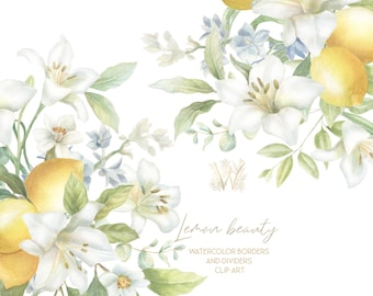 May include: Watercolor illustration featuring white lilies, lemons, and delicate blue flowers. The design includes green leaves and the text "Lemon beauty", along with "Watercolor borders and dividers" and "Clip art".