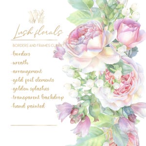Clipart de rosas de acuarela boho: marcos florales pastel, PNG de diario basura, ramos amarillos y rosados