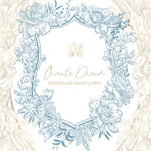 Floral Line Art Clipart - Gold, Blue, White PNG Frames, Wedding Crest graphics, Vintage Borders