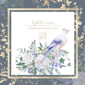 Clip art de marco floral de rosa blanca y lavanda, corona de acuarela dorada PNG, elegante borde verde para invitaciones