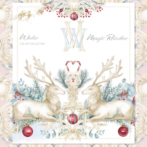 May include: Watercolor illustration featuring two white reindeer facing each other, adorned with antlers and surrounded by greenery and red ornaments. The image includes the text "Winter Clip Art Collection" and "Magic Reindeer". The background has a pink and white floral pattern.