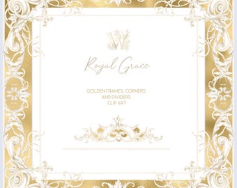 May include: A square, gold-toned frame with ornate white scrollwork and the text "Royal Grace." The design includes golden frames, corners, and dividers, perfect for clip art. The overall aesthetic is elegant and decorative.