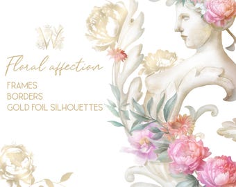 Watercolor Rococo Floral Frames png Clipart, Hand Drawn Baroque border, Regency Wedding, male and female sculptures