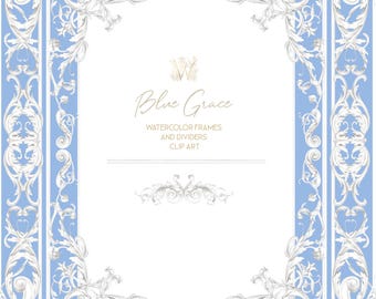 Blue Regency hand drawn Frame Clipart, Baroque Watercolor Borders, Royal porcelain png, ornate Vintage arrangement